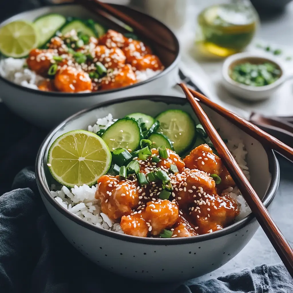 Served Bang Bang Chicken Bowls with sides