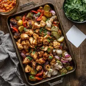 Chicken Shawarma Sheet Pan Dinner: The Flavorful 30-Minute Dinner Your Family Will Love 2 Chicken Shawarma Sheet Pan Dinner with recipe card