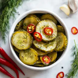 Homemaide Spicy Dill Pickle Chips Recipe: Easy, Crunchy & Bold Flavor 5 Spicy dill pickle chips in a white ramekin with dill and garlic