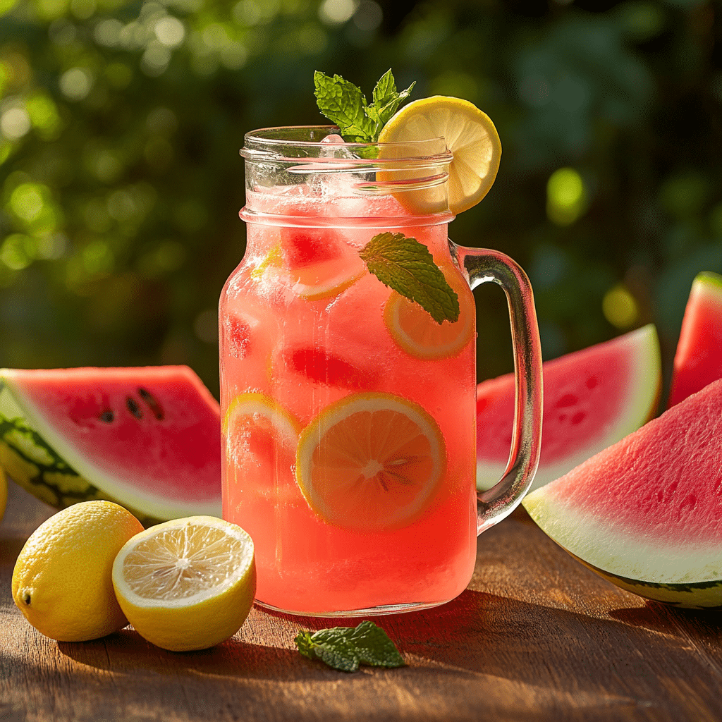 Refreshing watermelon lemonade with lemon slices and mint leaves in a glass jar