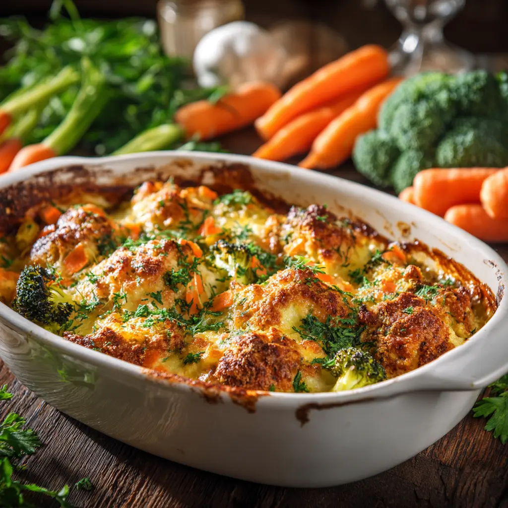 chicken vegetable casserole in rustic baking dish