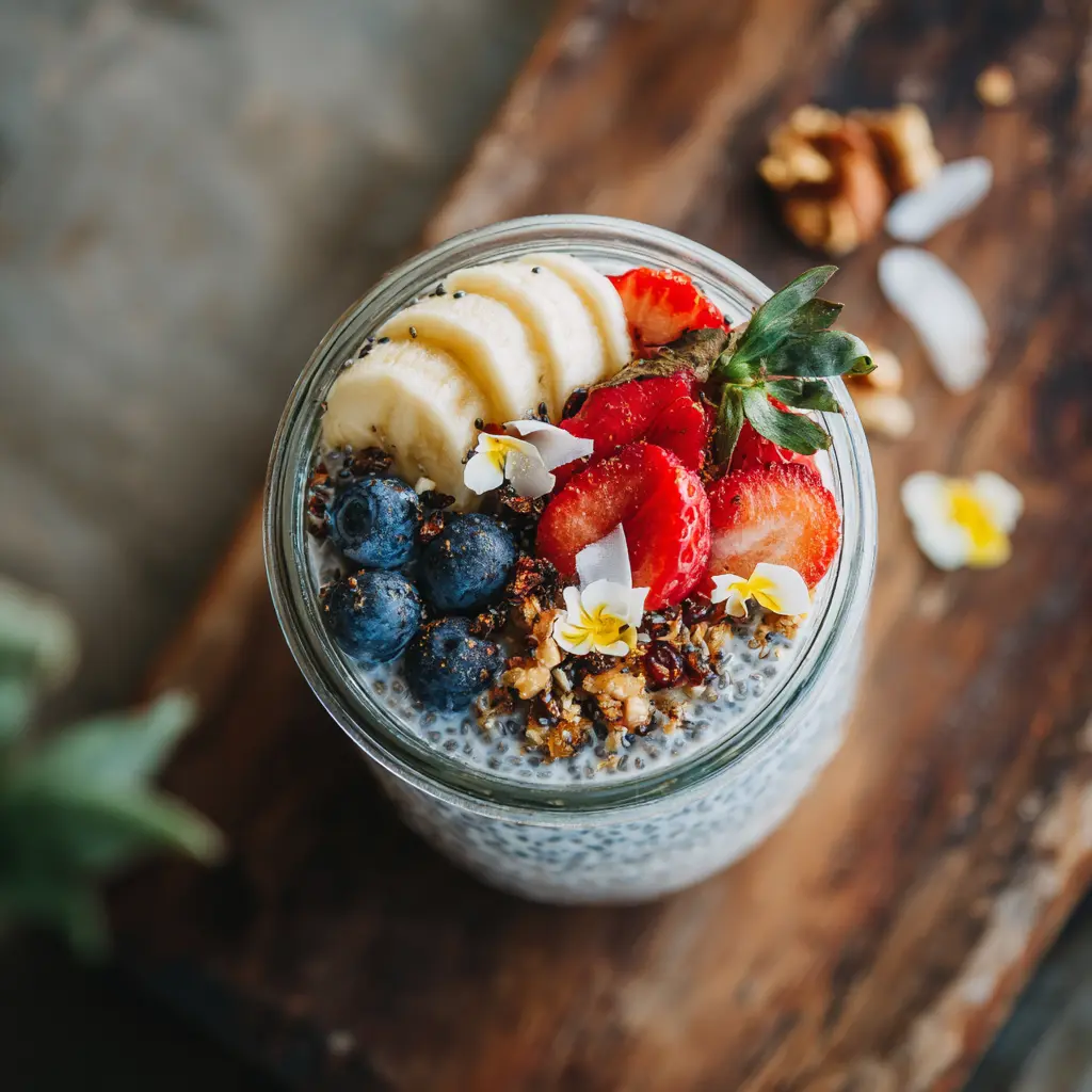Coconut milk chia seed pudding topped with fruit