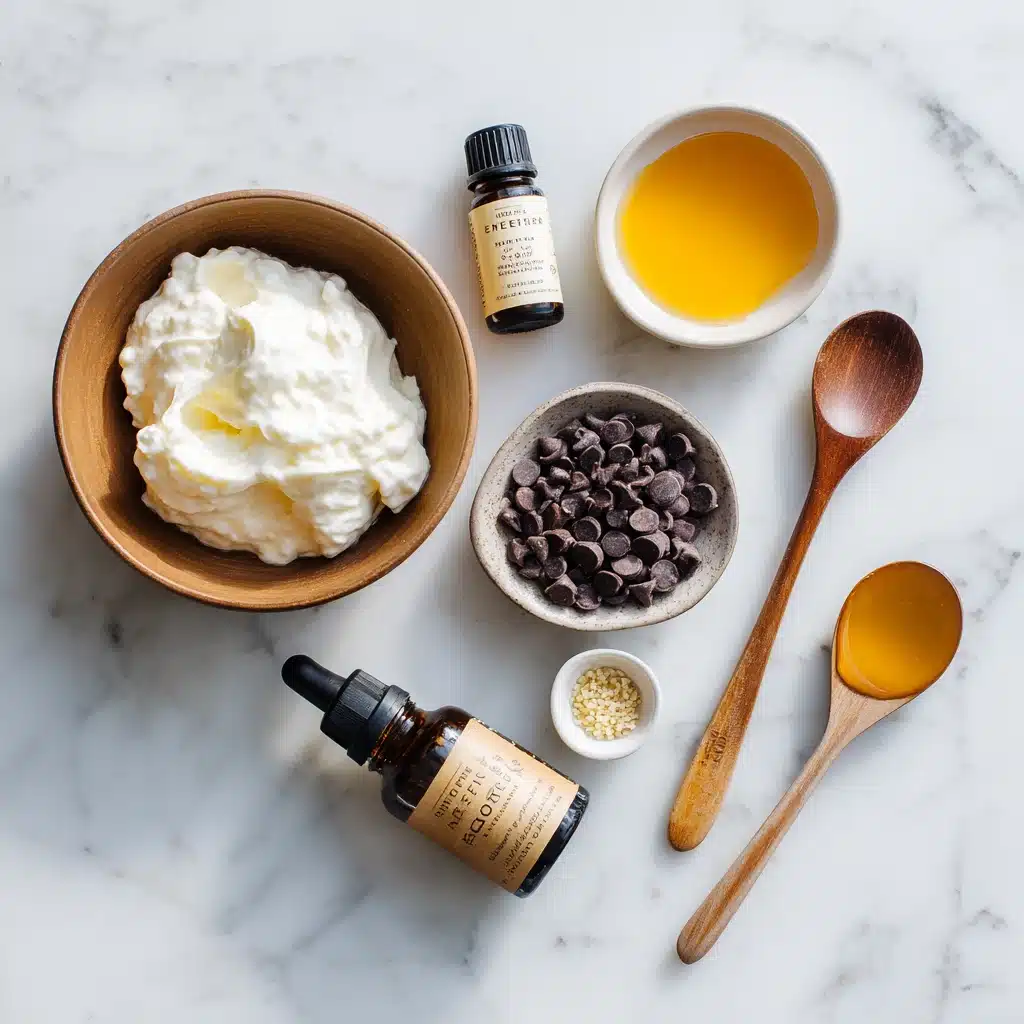 Refreshing Creamy Frozen Yogurt with Chocolate : Healthy No-Bake Dessert 2 Flat lay of yogurt, chocolate chips, honey, and vanilla extract for frozen yogurt