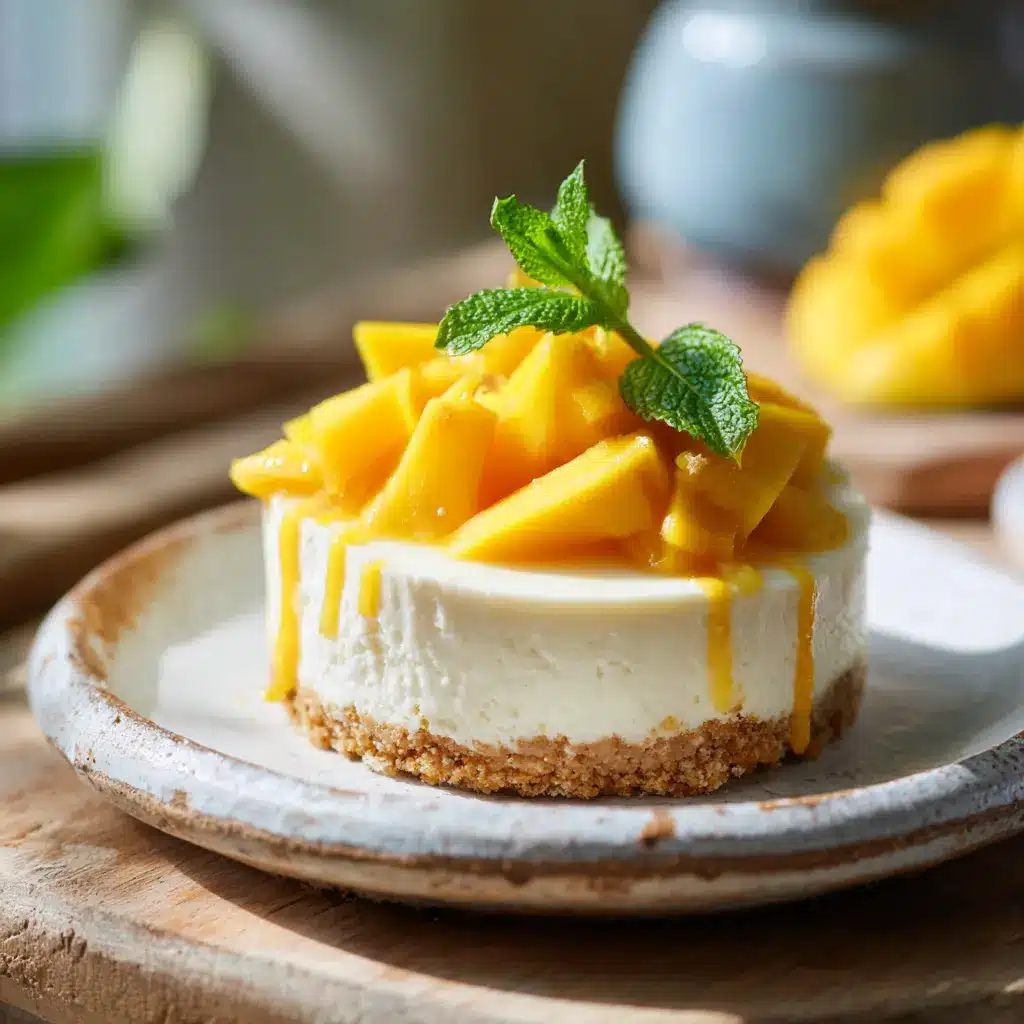 no bake mango cheesecake on rustic plate