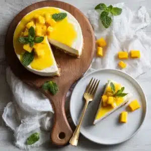 No Bake Mango Cheesecake: Easy, Creamy, and Packed with Tropical Flavor 2 No-bake mango cheesecake slice topped with fresh mango cubes and mint leaves on a white plate