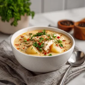Creamy Potato and Chicken Soup (Easy, Cozy & Family-Friendly) 2 Creamy potato and chicken soup served in a bright modern kitchen