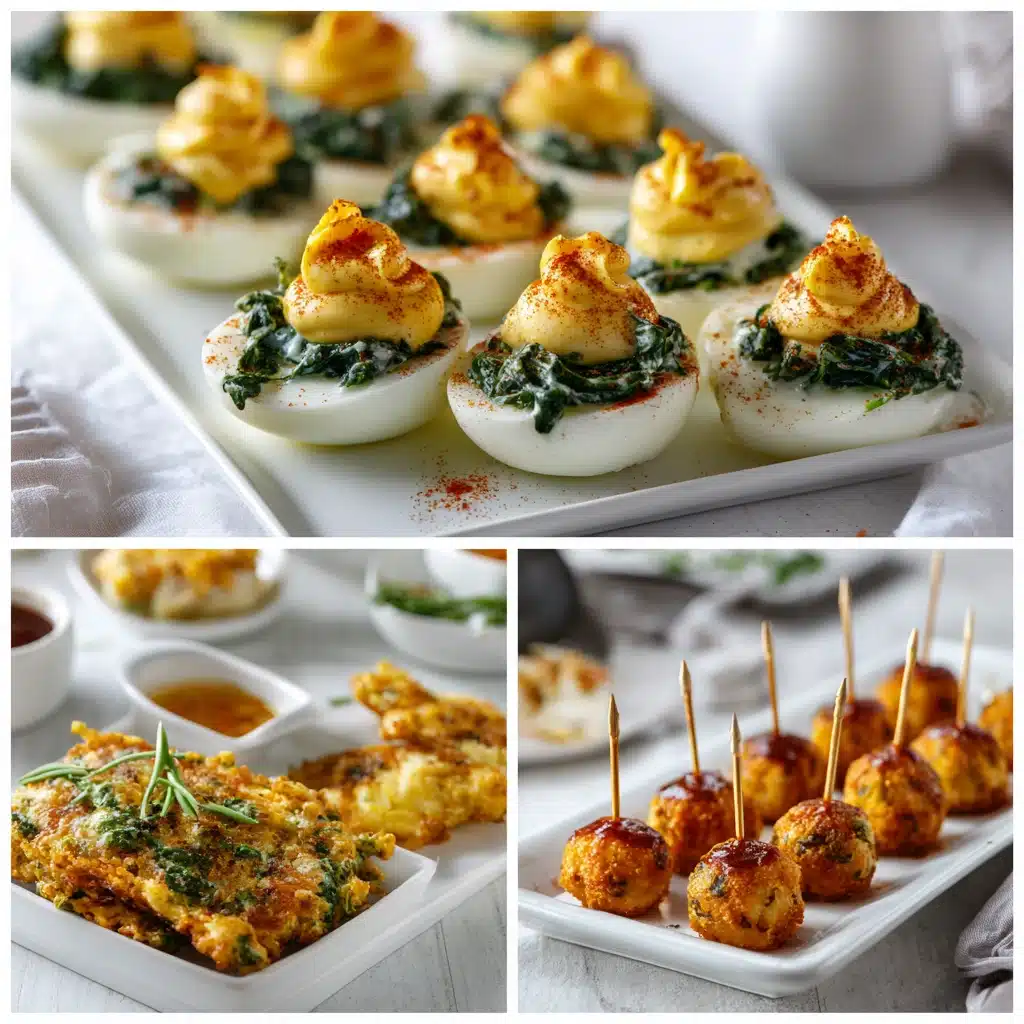 Collage of Caprese skewers, hummus veggie cups, sweet potato bites, and Mediterranean bruschetta.