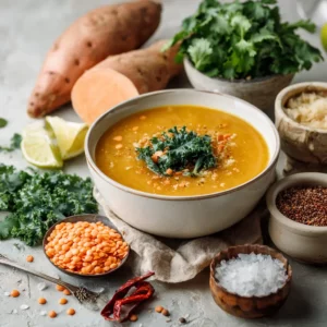 Sweet Potato Lentil Soup: Cozy, High-Protein Dinner in One Pot 2 Styled sweet potato lentil soup recipe image with ingredients