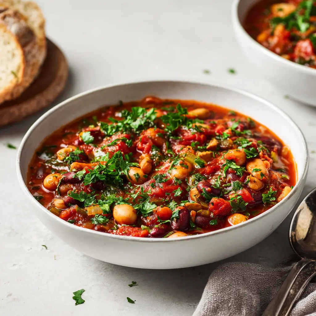 Bowl of 3-bean casserole with parsley