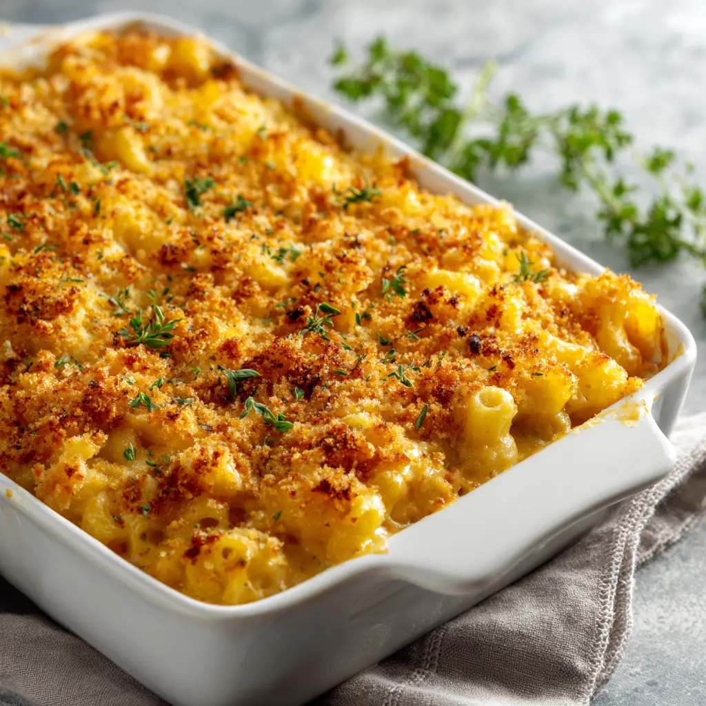 Baked mac and cheese with golden breadcrumb topping in a white baking dish