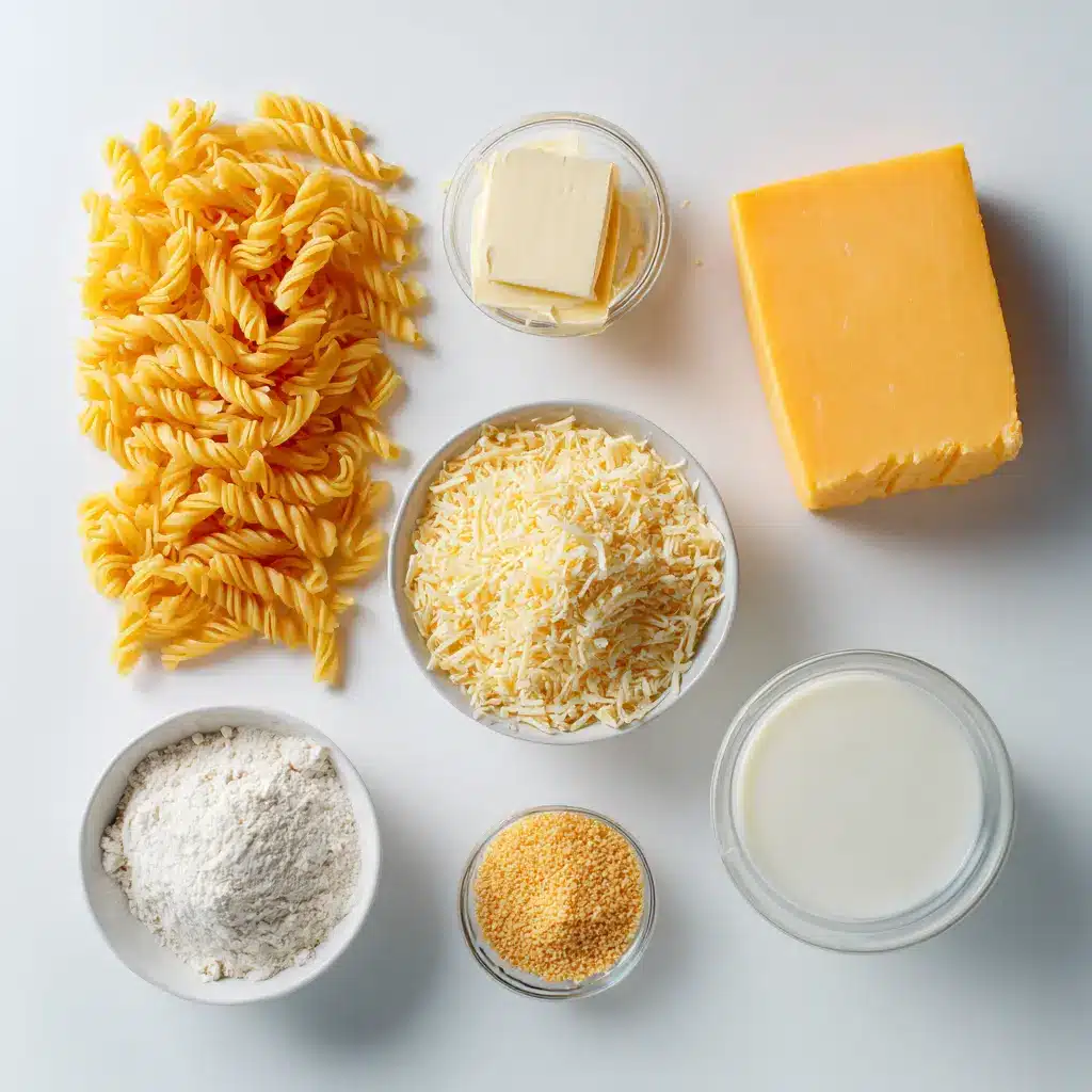 Ingredients for baked mac and cheese displayed on a white table