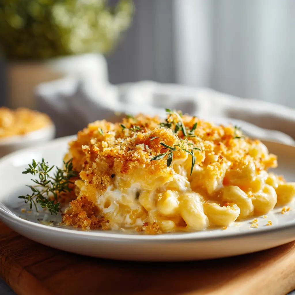Bowl of creamy baked mac and cheese with crispy breadcrumb topping
