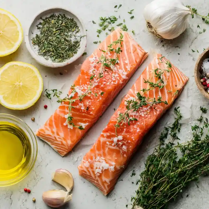Ingredients for baked salmon with lemon and herbs