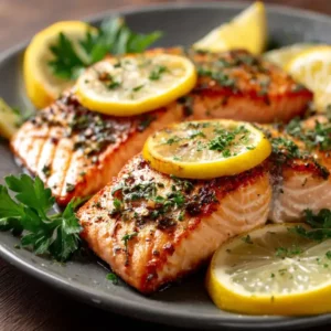 Close-up of lemon herb baked salmon