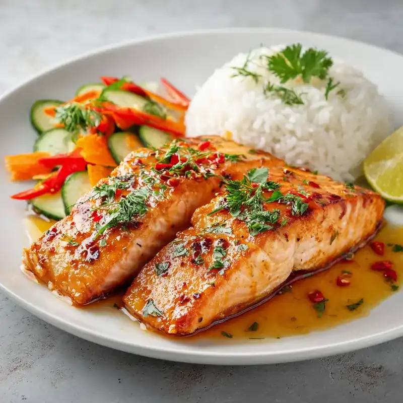 Serving baked salmon with lemon and herbs