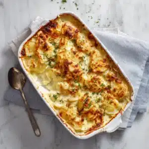 Cheesy Scalloped Potatoes – The Ultimate Comfort Food for Every Family Dinner 4 Cheesy scalloped potatoes in white baking dish on marble countertop