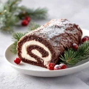 Perfect Holiday Desset: Chocolate Roll Cake (Yule Log Cake Made Simple) 2 Holiday Chocolate Roll Cake (yule log cake) with creamy filling and festive decorations on a white background.
