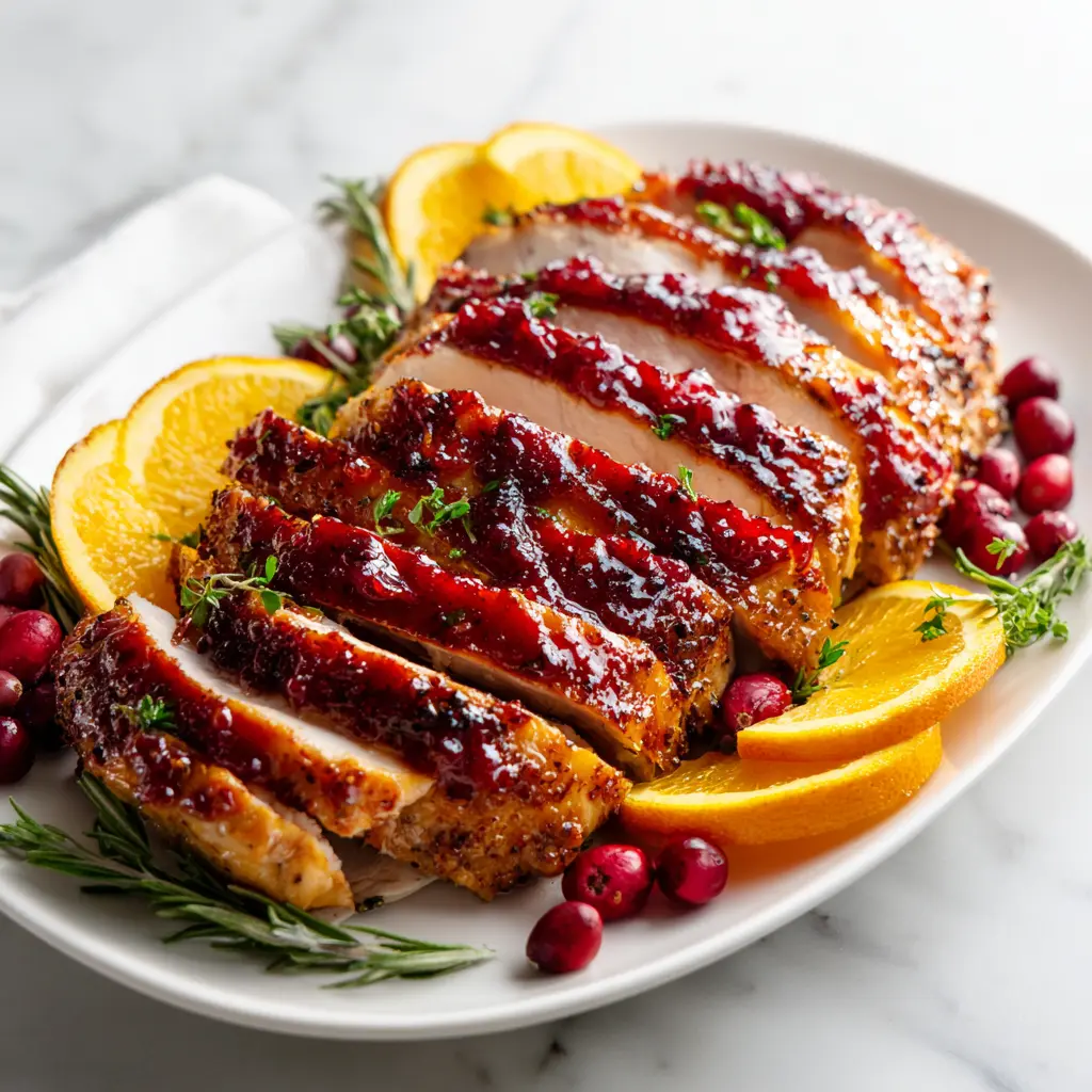 Cranberry orange glazed turkey breast sliced and served on white platter