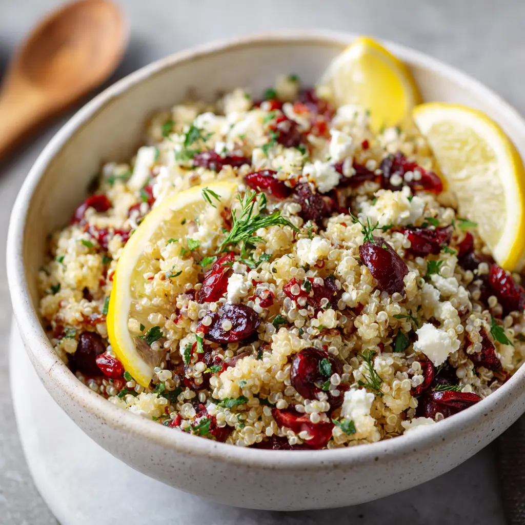 Cranberry quinoa salad with feta & herbs, protein-rich sidein a white bowl on a marble counte