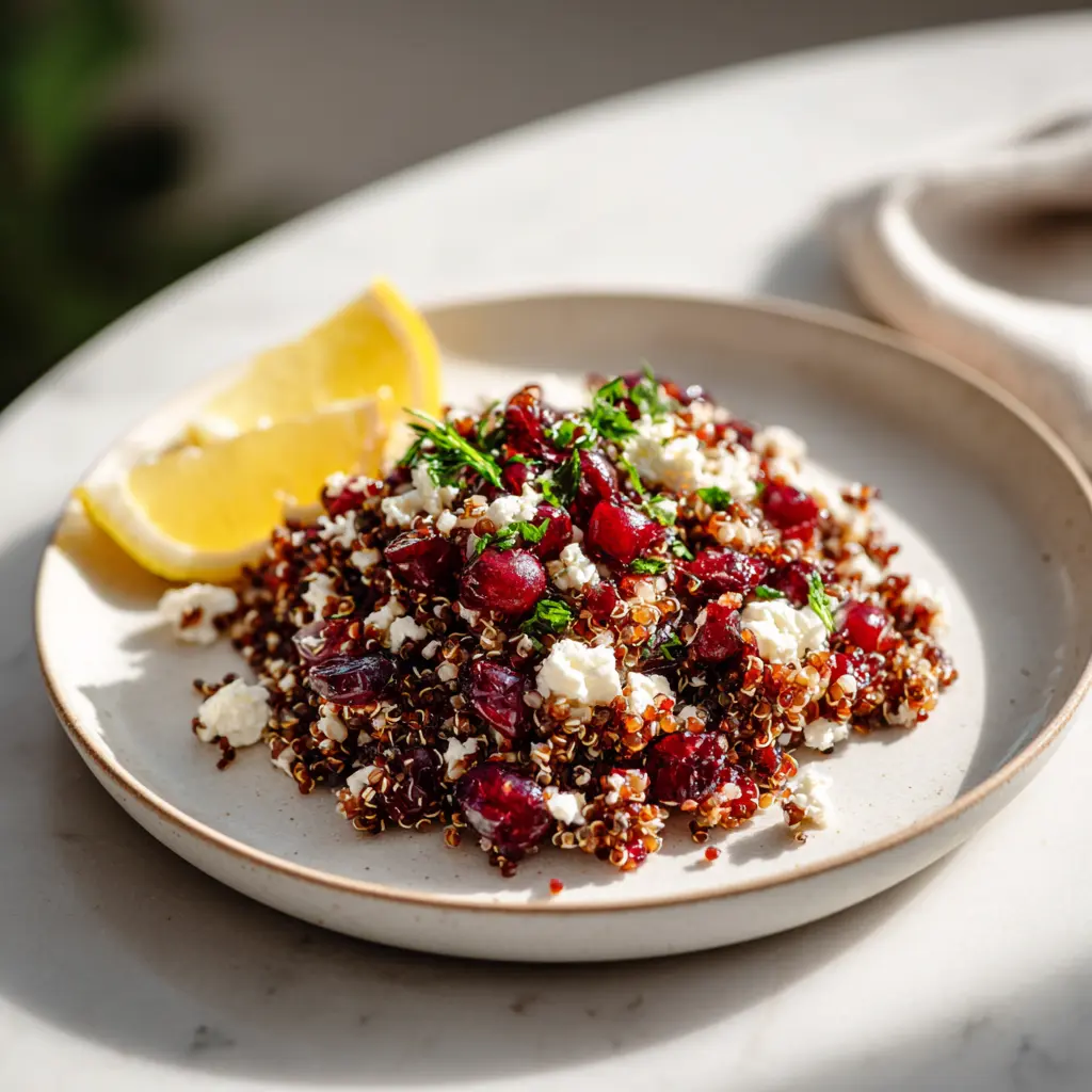 Cranberry quinoa salad with feta and herbs served on a white plate