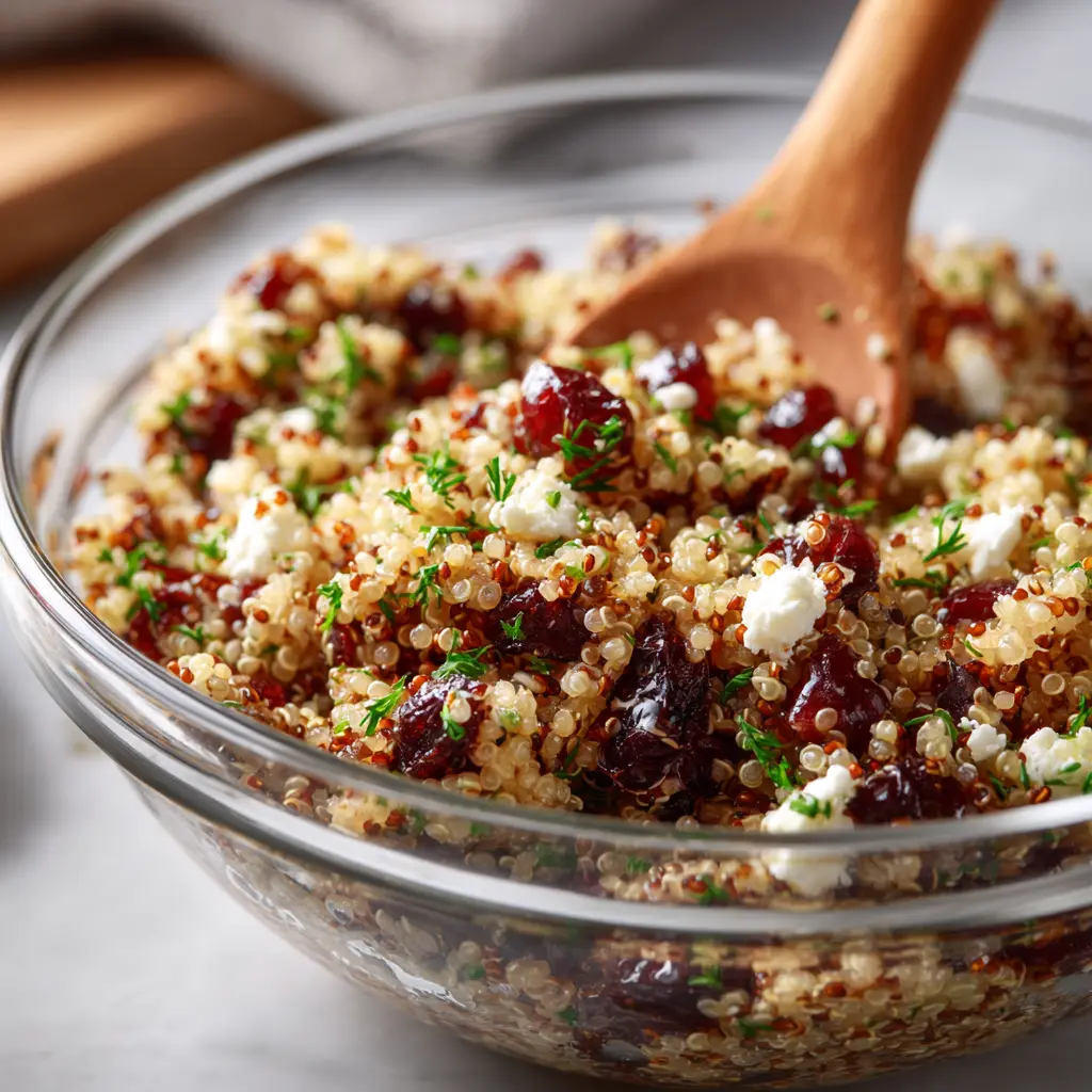Mixing cranberry quinoa salad with feta & herbs in a glass bowl