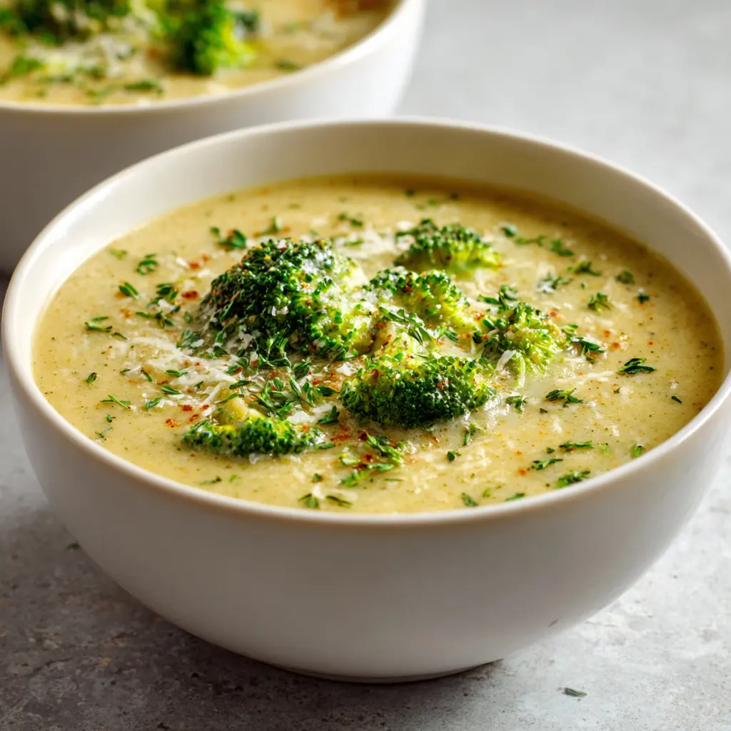 Creamy broccoli potato soup served in a white bowl with herbs and cheese
