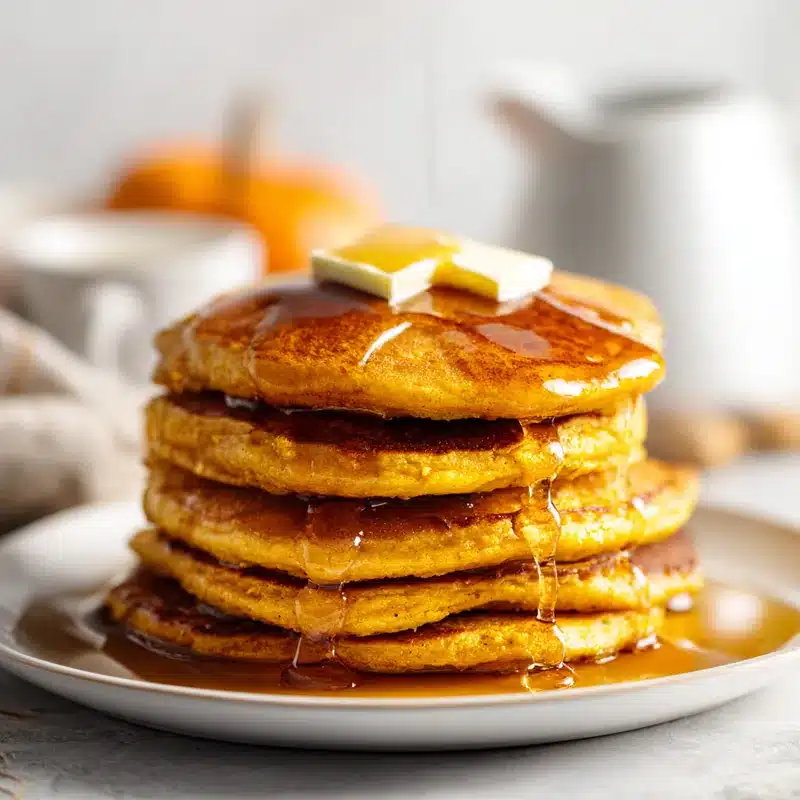 Stack of fluffy pumpkin pancakes drizzled with real pumpkin puree & maple syrup