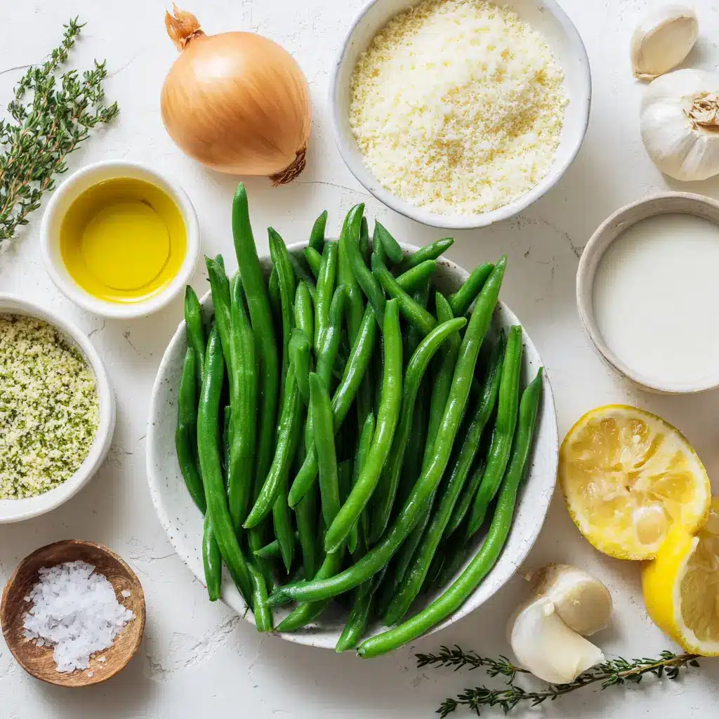 Ingredients for Mediterranean twist for holiday green bean casserole arranged on white surface