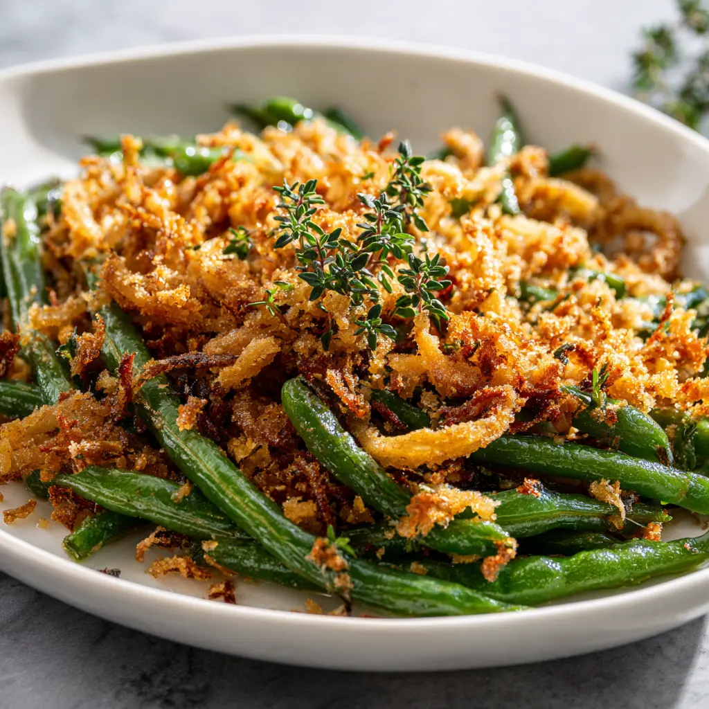 Serving of holiday green bean casserole with golden breadcrumb topping