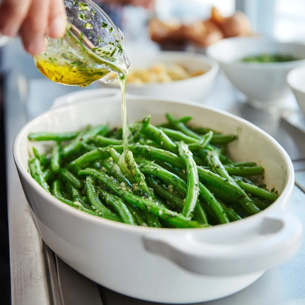 Fresh green beans mixed with garlic herb sauce in baking dish