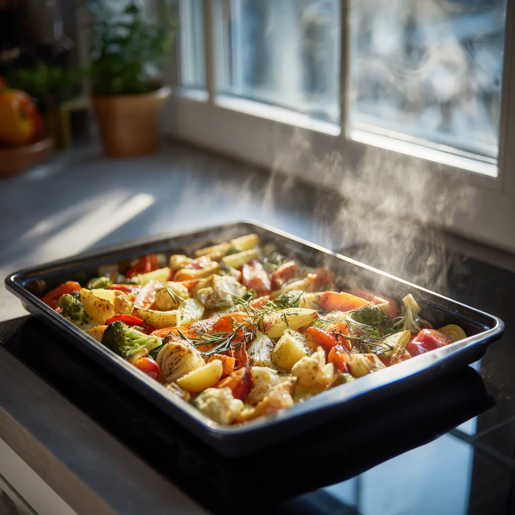 Holiday Roasted Vegetables – Colorful, Flavorful & Perfect Side Dish for Festive Gatherings 3 Tray of colorful vegetables roasting in the oven with herbs and olive oil