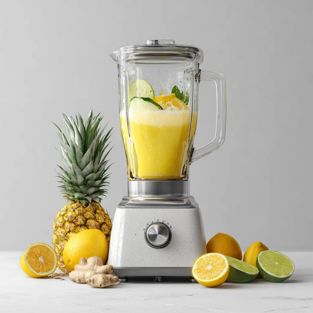 Blender filled with pineapple, cucumber, and turmeric for Mounjaro juice