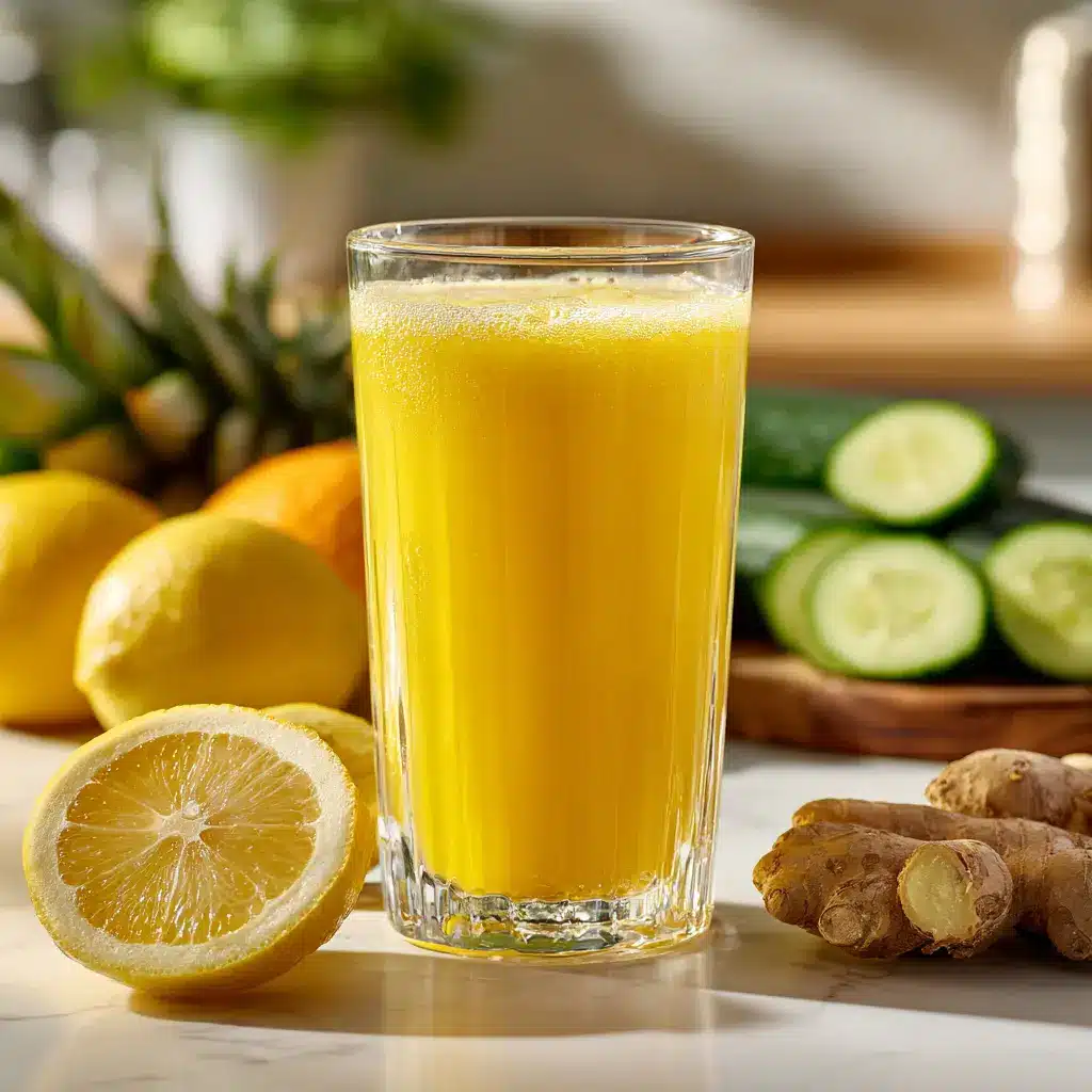 Glass of homemade Mounjaro juice with pineapple, lemon, and turmeric; anti-inflammatory and metabolism boosting drink