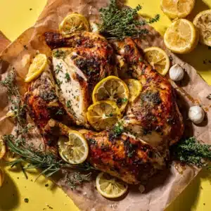Lemon Garlic Herb Roast Chicken: A simple and elegant Mediterranean main dish 2 Finished roast chicken with lemon and herbs