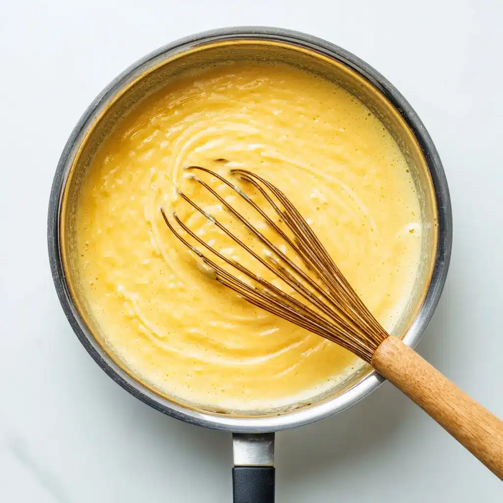 Creamy cheese sauce being whisked in a saucepan