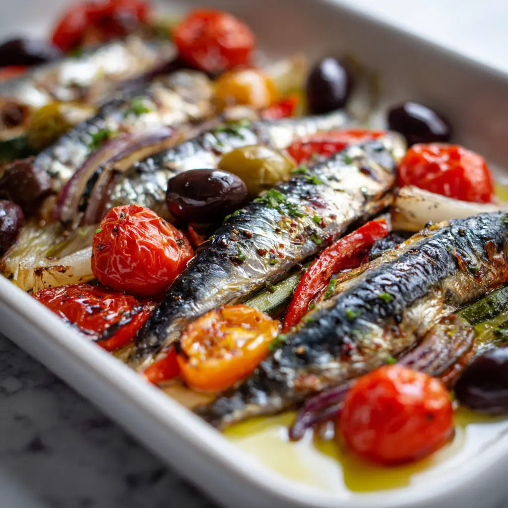 Mediterranean baked sardines with veggies (colorful roasted vegetables) on white tray