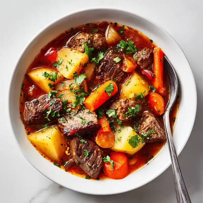 Mediterranean braised beef with root veggies in a white bowl