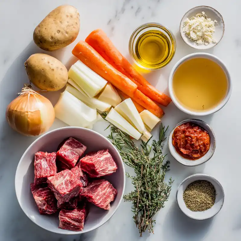 Ingredients for Mediterranean braised beef including beef chunks, root vegetables, and herbs