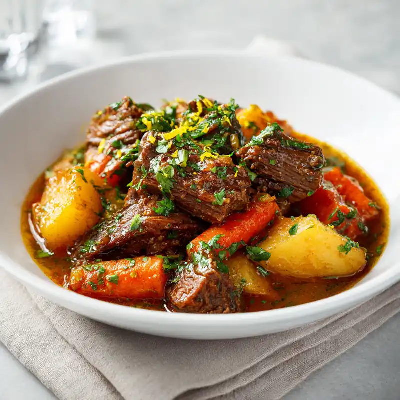 Bowl of Mediterranean braised beef with root veggies