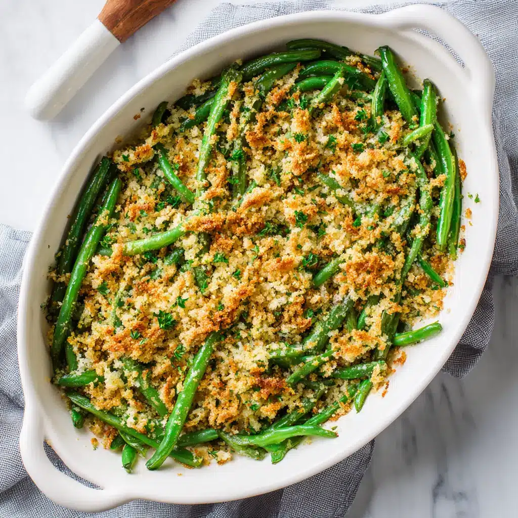 Mediterranean twist of holiday green bean casserole made from scratch with Parmesan herb breadcrumb topping