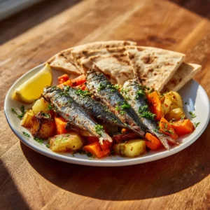 Served Mediterranean baked sardines with veggies and pita bread