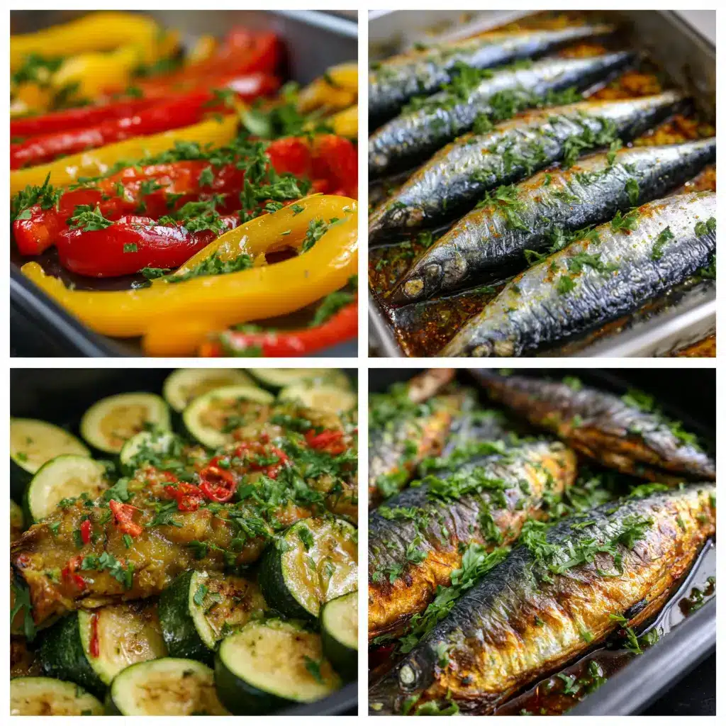 Step-by-step collage for baking Mediterranean sardines with veggies