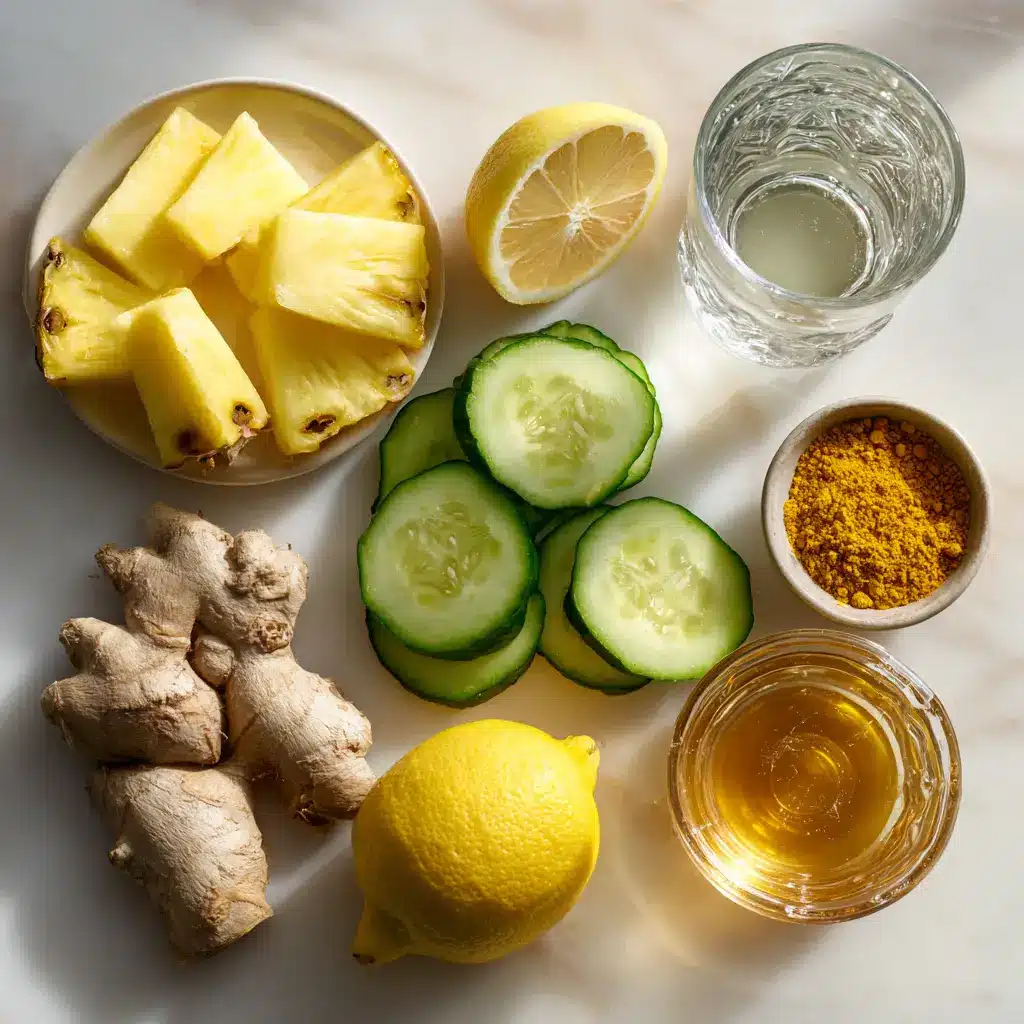 Ingredients for homemade Mounjaro juice including pineapple, cucumber, and ginger