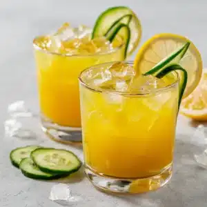 Two glasses of homemade Mounjaro juice with lemon and cucumber garnish