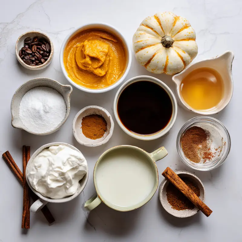 Ingredients for pumpkin spice latte popsicles including pumpkin purée, coffee, and spices