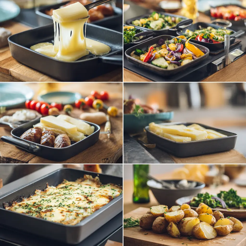 Bright collage showing raclette preparation steps with melted cheese and grilled vegetables.