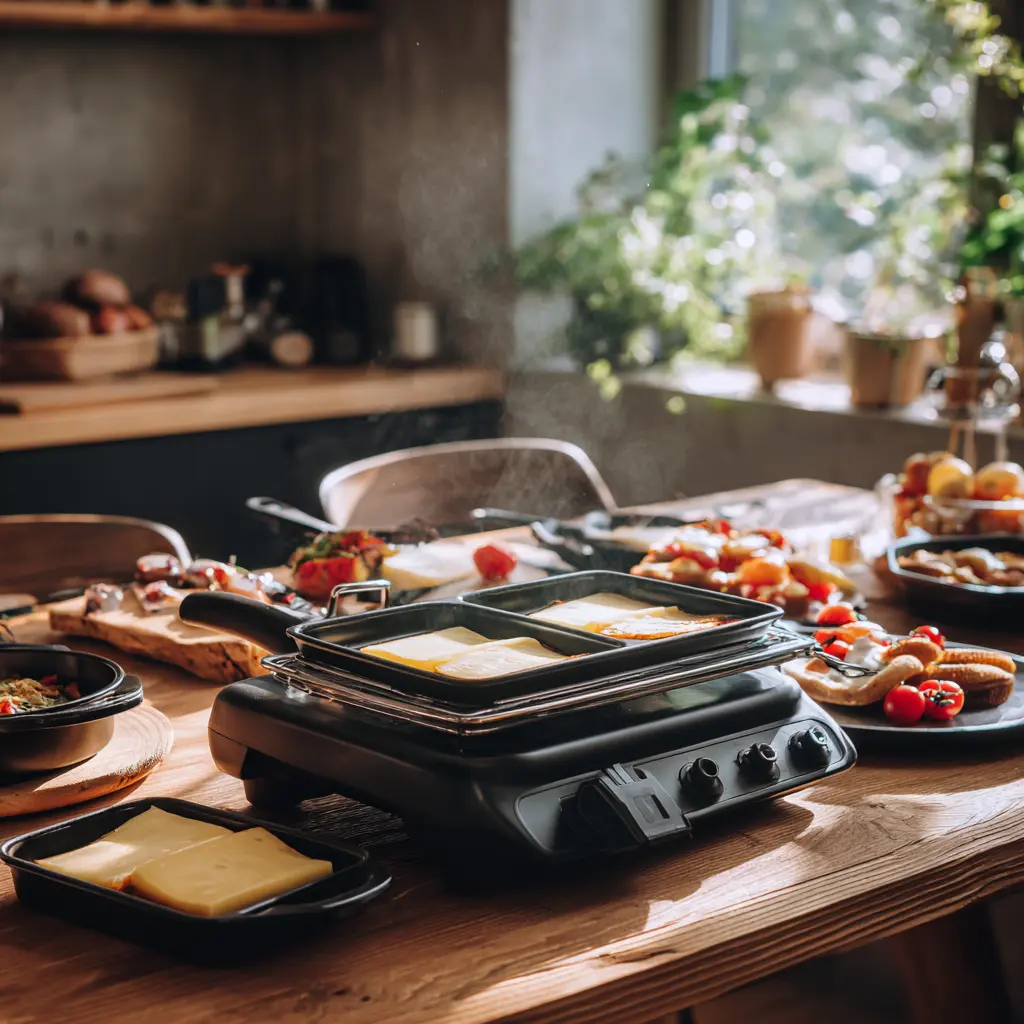 Raclette grill and small pans on a bright wooden kitchen table.
