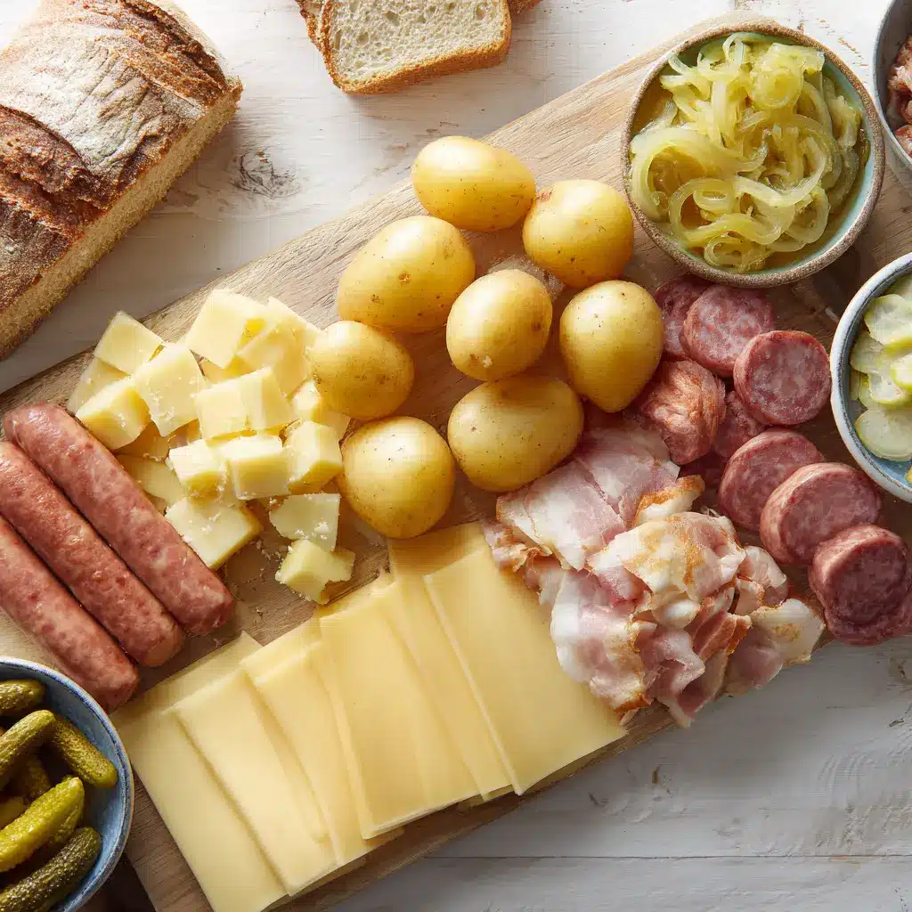 Bright flat lay of raclette ingredients including cheese, potatoes, and vegetables.
