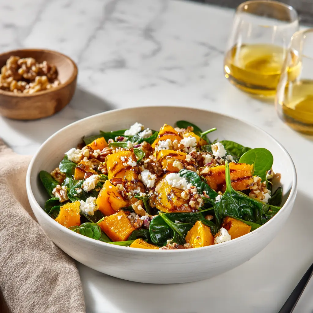 Roasted pumpkin salad with feta and spinach on a white marble counter