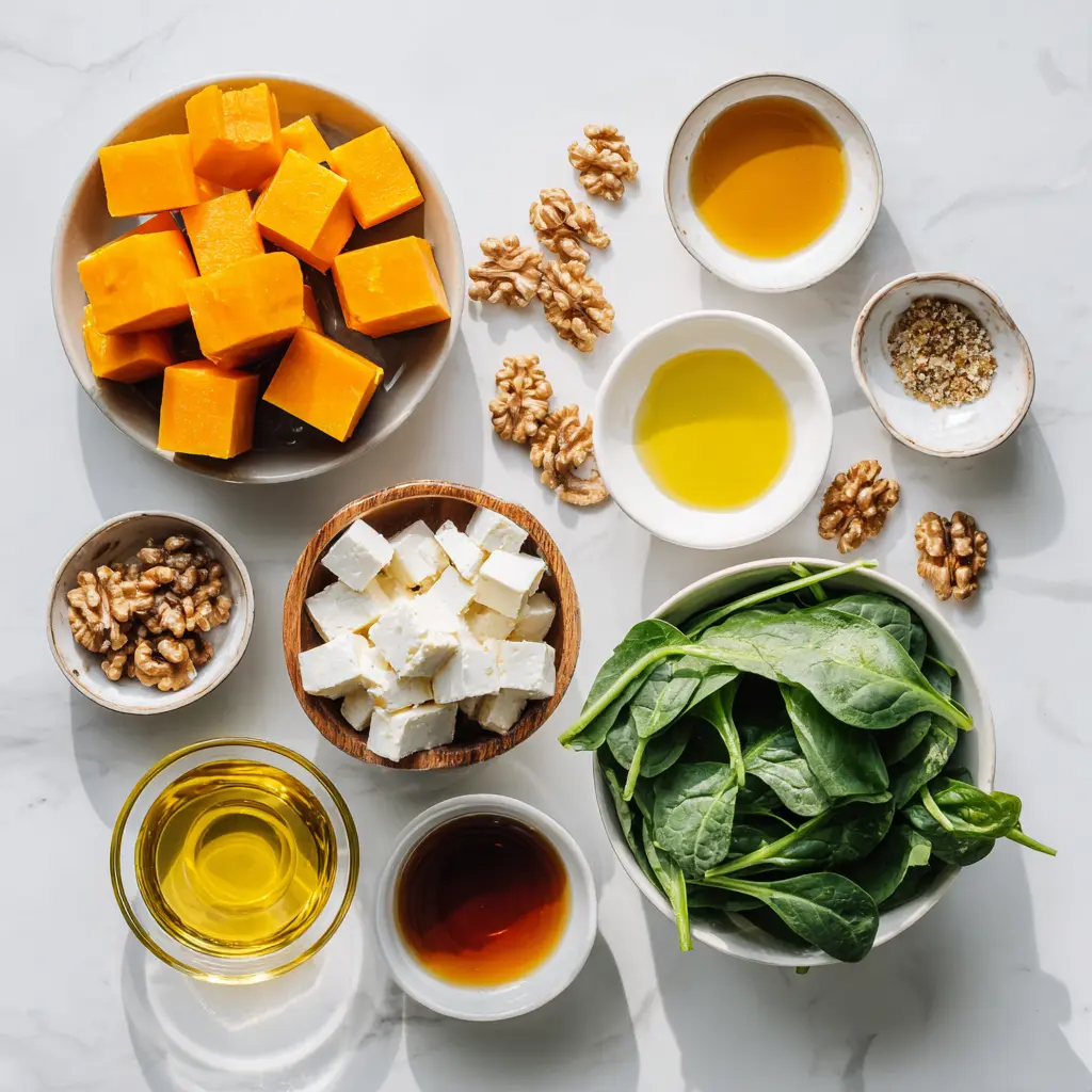 Roasted Pumpkin Salad with Feta And Spinach – A Warm, Healthy Fall Favorite 2 Ingredients for roasted pumpkin salad arranged on a white counter